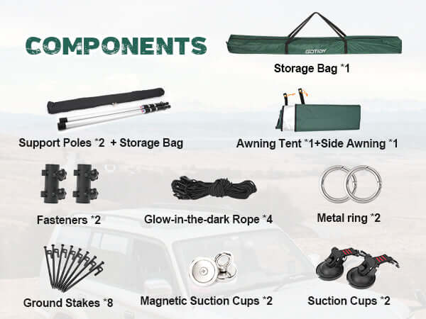 Load image into Gallery viewer, Components included for car awning tent setup