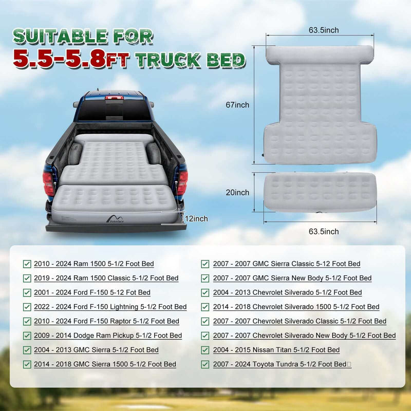 Load image into Gallery viewer, Truck with mattress fitted for 5.5-5.8ft beds, showing dimensions and model compatibility.