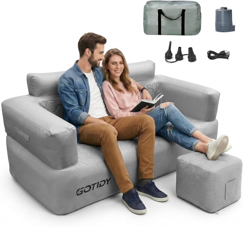 Chargez l'image dans la visionneuse de la galerie, Inflatable Couch, Camping Couch with Detachable Built-in Pump, Inflatable Sofa with Breathable, Puncture-Resistant Fabric Texture Cover, Camping, Beach, Backyard Party
