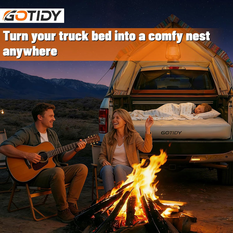 Chargez l'image dans la visionneuse de la galerie, Cozy truck bed camping setup with air mattress and campfire
