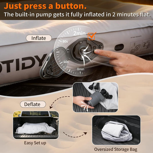 Truck bed air mattress with built-in air pump