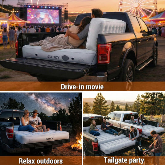 Truck bed air mattress for movies, camping, and tailgating