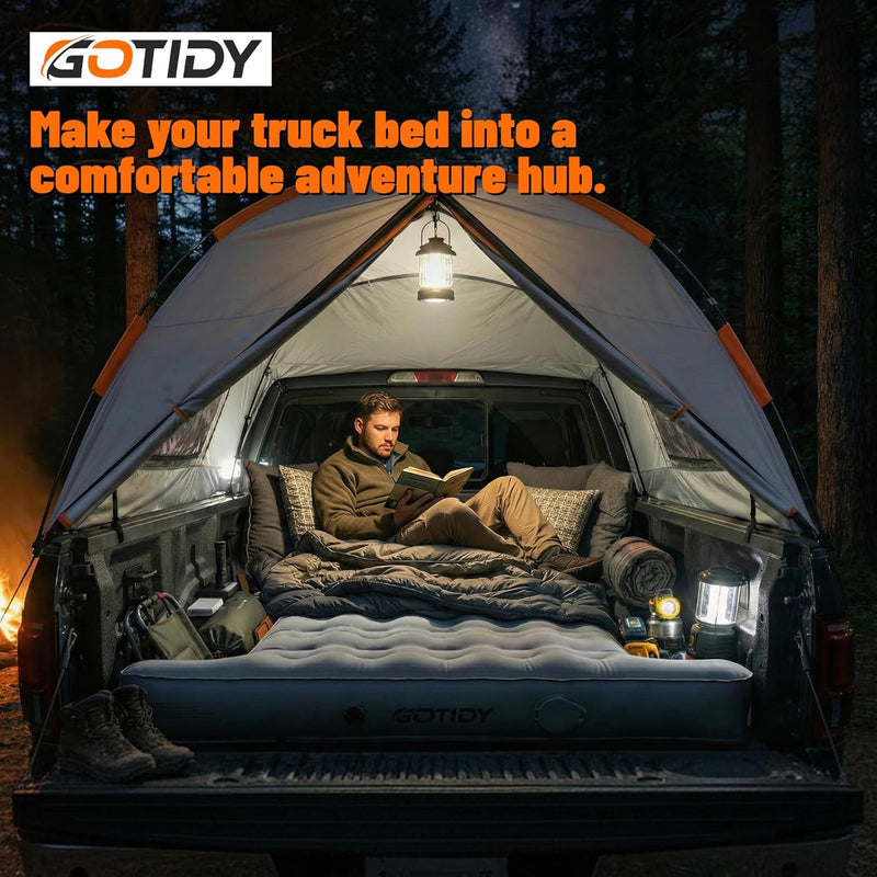 Chargez l'image dans la visionneuse de la galerie, Truck bed camping setup with air mattress and tent
