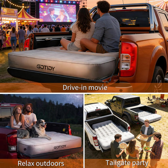 Mid-size truck bed air mattress used for drive-in movies, camping, and tailgate parties in pickup trucks