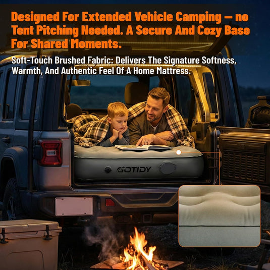 Family relaxing on SUV air mattress during camping