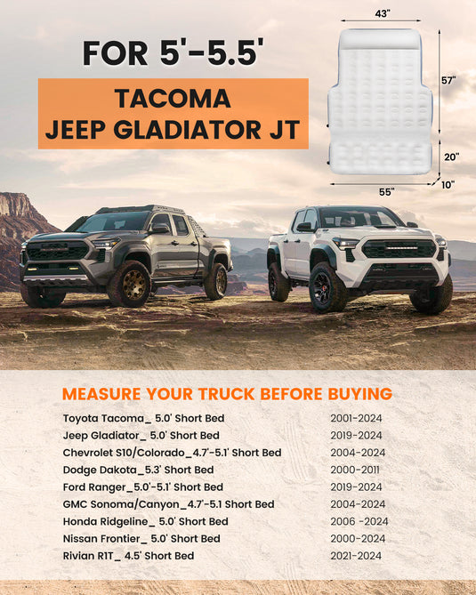 Inflatable Truck Bed Mattress for Tacoma and Jeep Gladiator JT 5ft